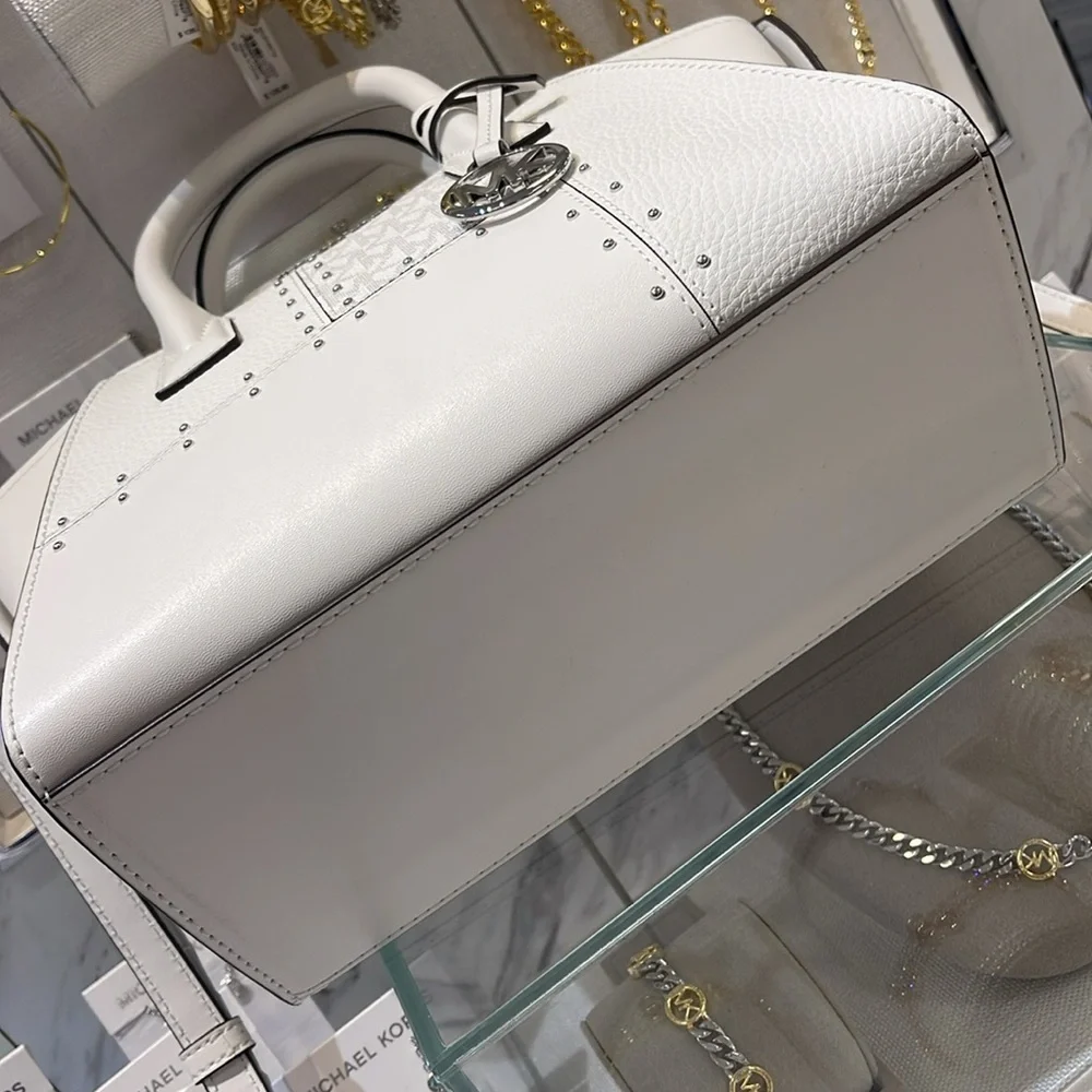 Michael Kors Avril Small Studded Patchwork and Signature Logo Satchel Crossbody - Picture 8 of 16